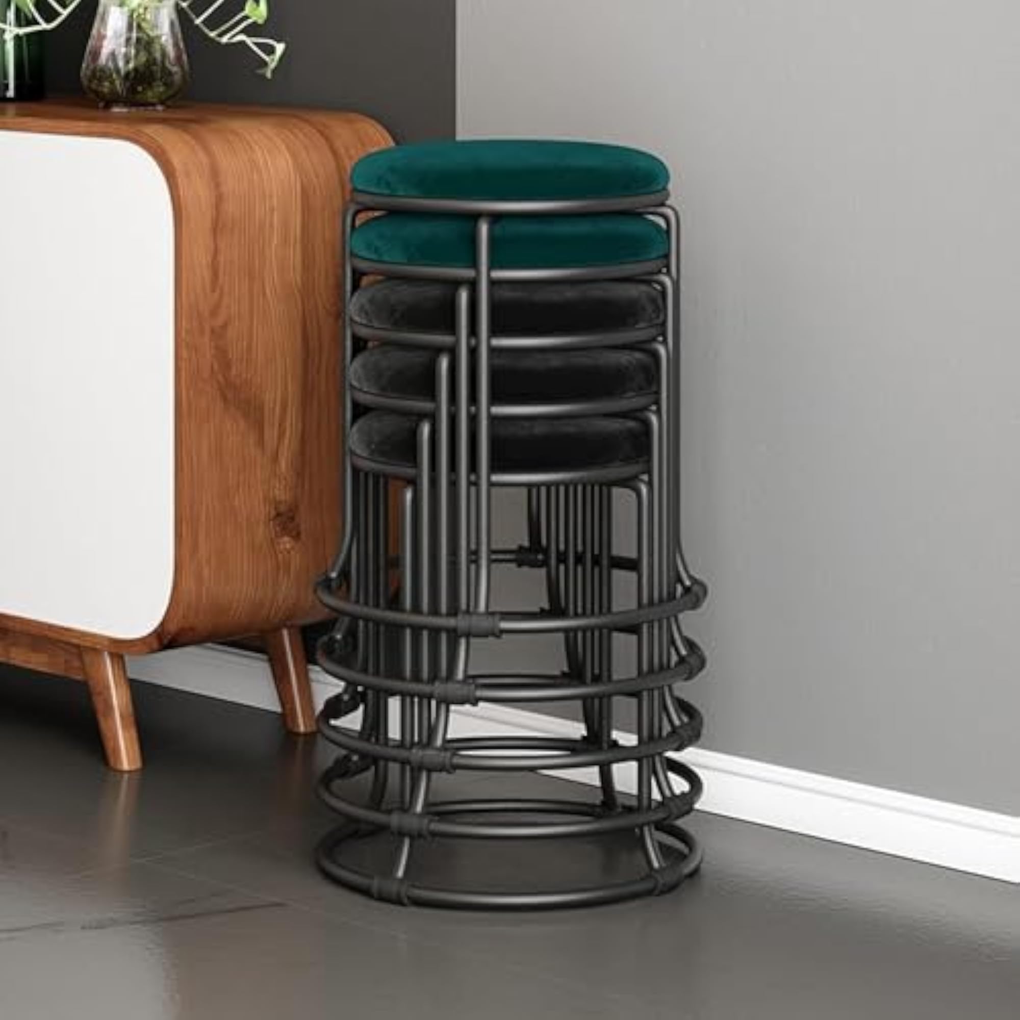 Luxury Modern Black Round Stool with Velvet Cushion